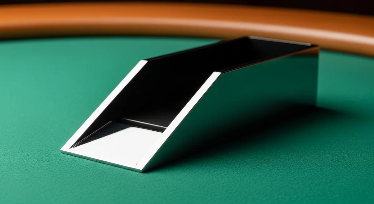 A sleek, empty card shoe resting on a deep green baize dealer table, with a blurred warm wooden background.