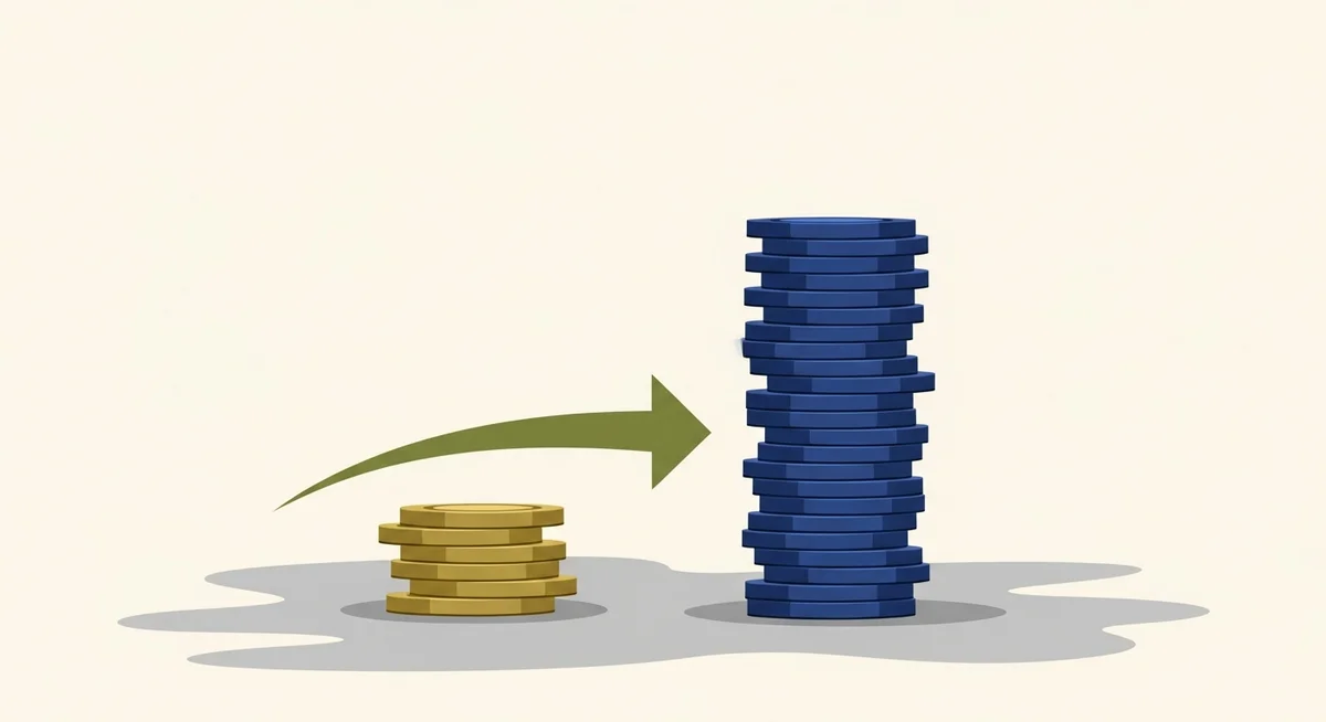 A minimalist flat vector illustration showing two stacks of casino chips of different heights connected by an arrow, symbolizing moving between game limits.