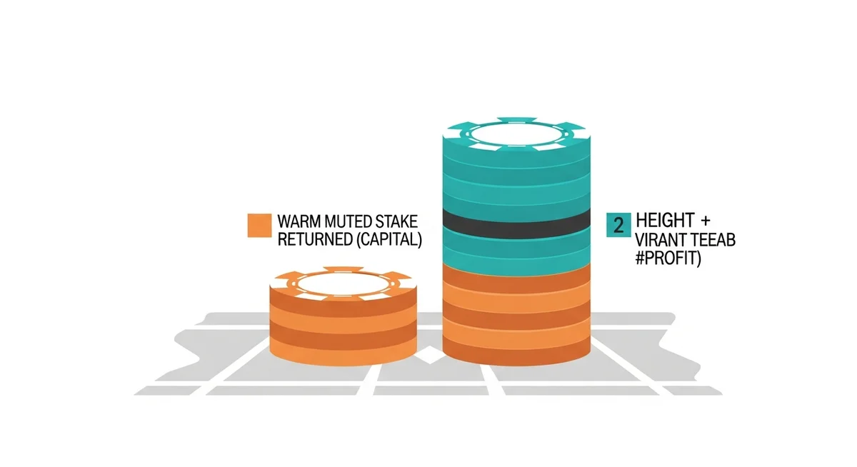 A flat vector illustration showing two stacks of casino chips on a game table, representing initial stake, total gain, and net profit.