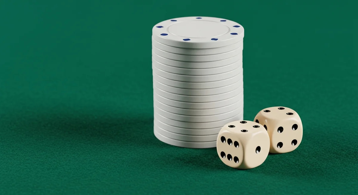 A small stack of un-numbered casino chips next to two un-numbered dice, all resting on deep green baize.
