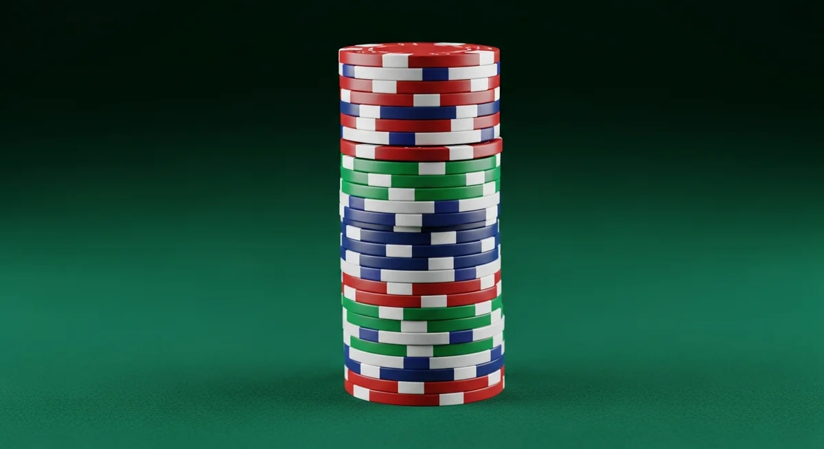 A tall, neat stack of un-numbered casino chips resting precisely on deep green baize.