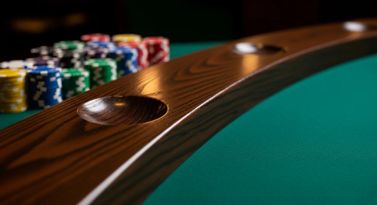 An empty poker table rail in low ambient light, suggesting a pause from gambling.