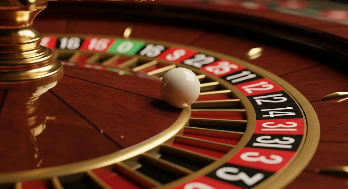 A roulette ball settled precisely in a groove of a roulette wheel, photographed very close.