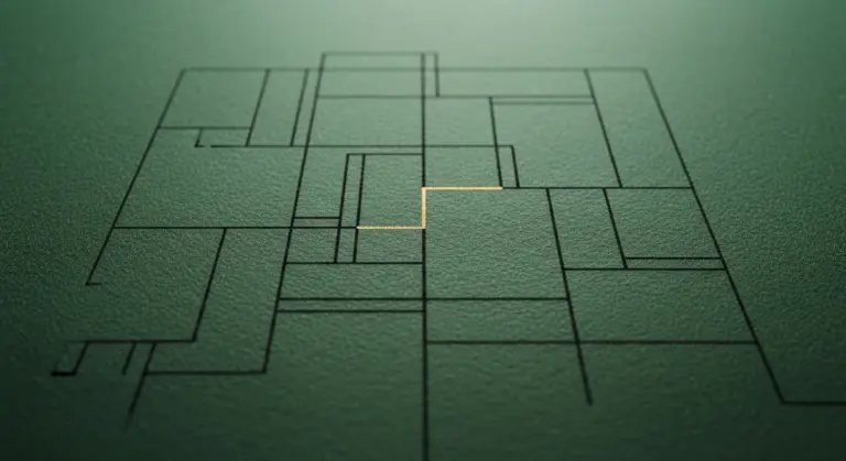 A golden path segment highlights a geometric network of black lines on a textured green surface
