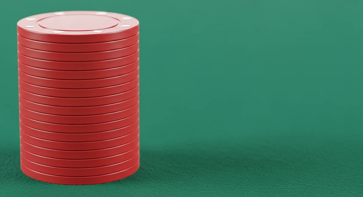 A close-up photograph of a neat stack of plain casino chips on a green baize table.