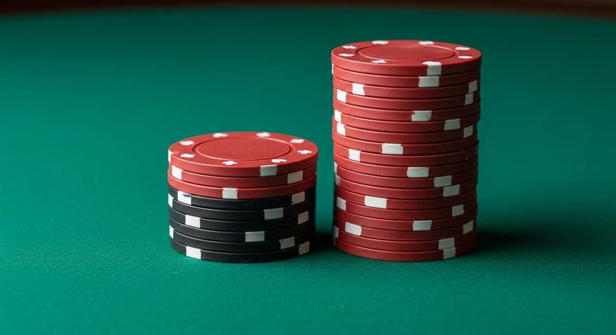 A close-up photograph of two neat stacks of plain casino chips on a green baize table, a smaller stack next to a larger one.