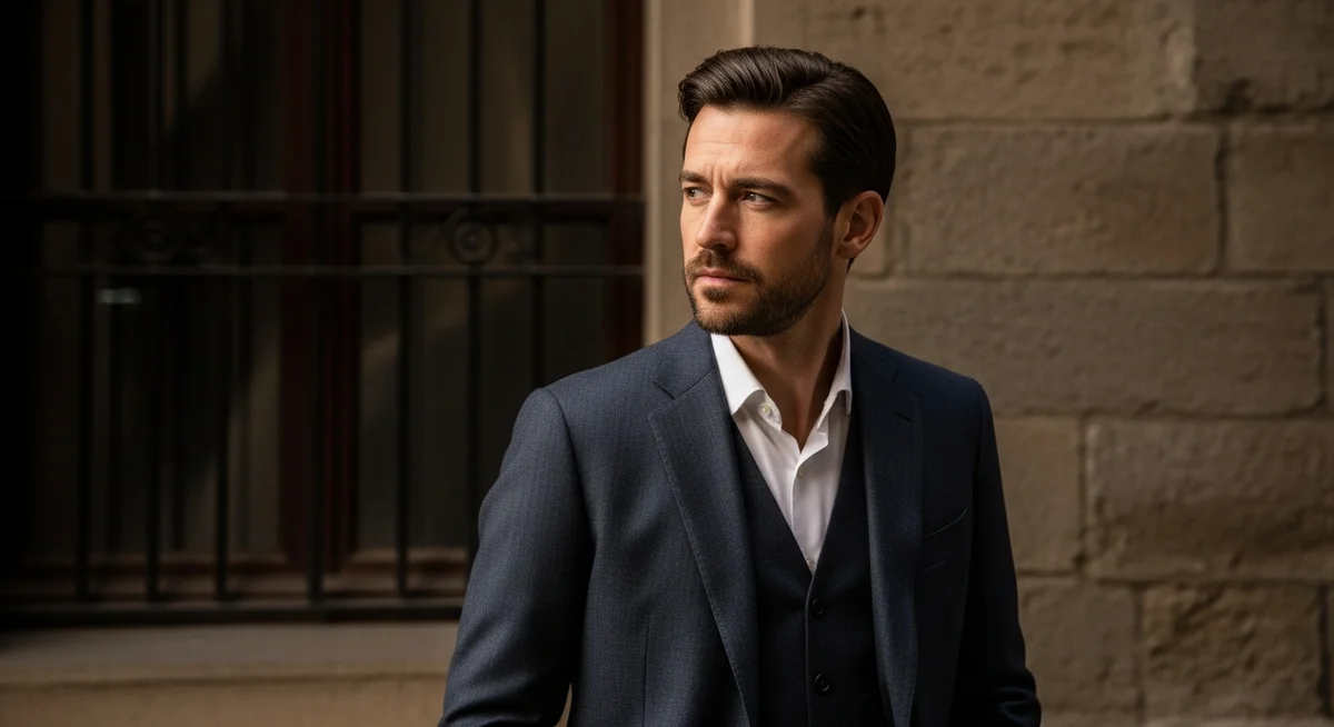 A man with dark hair and a beard wearing a dark suit and white shirt outdoors
