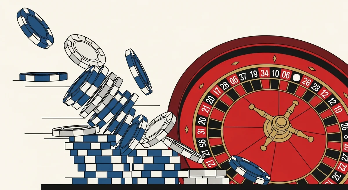 Abstract illustration of toppling casino chips on a roulette table, symbolizing rapid financial loss.