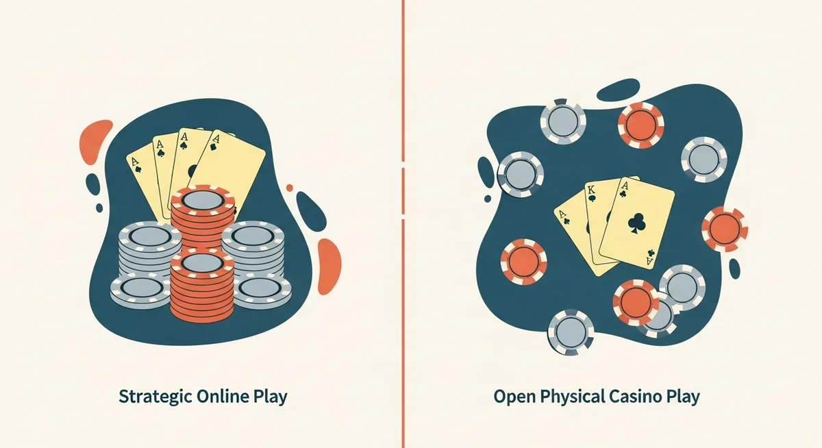 A flat vector illustration comparing two poker game dynamics: one side shows a compact, strategic layout of chips and cards, the other a more spread-out, casual arrangement.