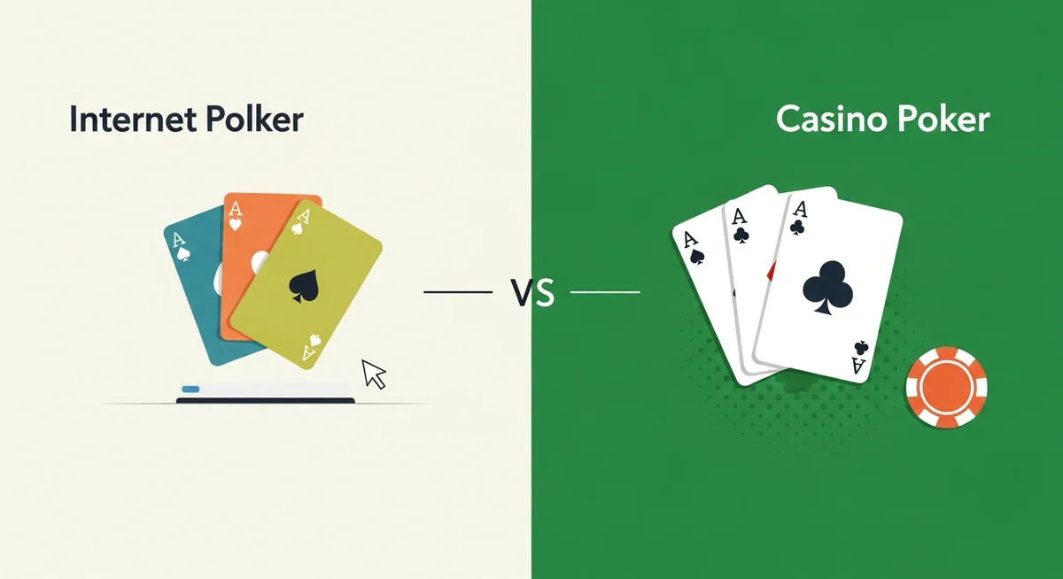 An infographic comparing Internet Polker and Casino Poker with playing cards, a computer mouse cursor, and a chip