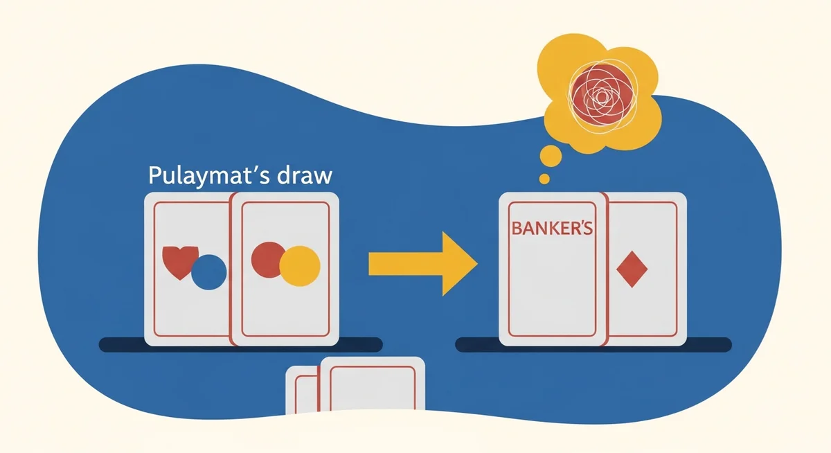 Abstract vector illustration of baccarat cards, showing a player's hand automatically drawing a third card, while the banker's hand awaits, symbolizing the decision rules.