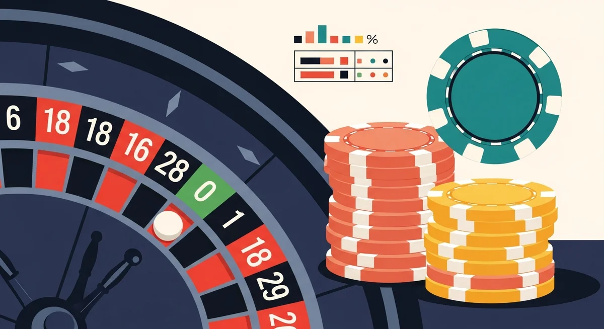 Close-up of a roulette wheel section with stacked casino chips next to a winning slot, symbolizing payouts and ratios.
