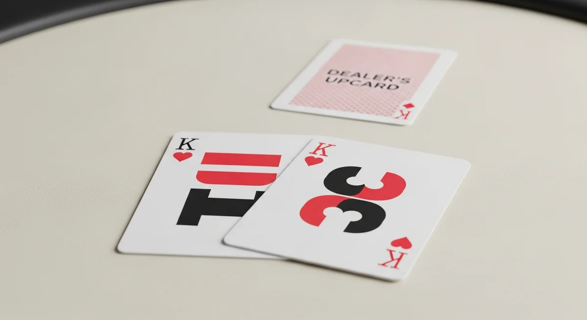 Two Kings of Hearts face up and a Dealer's Upcard label on a pale surface