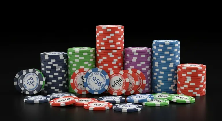 Stacked and scattered poker chips of various colors and numbers arranged on a black surface