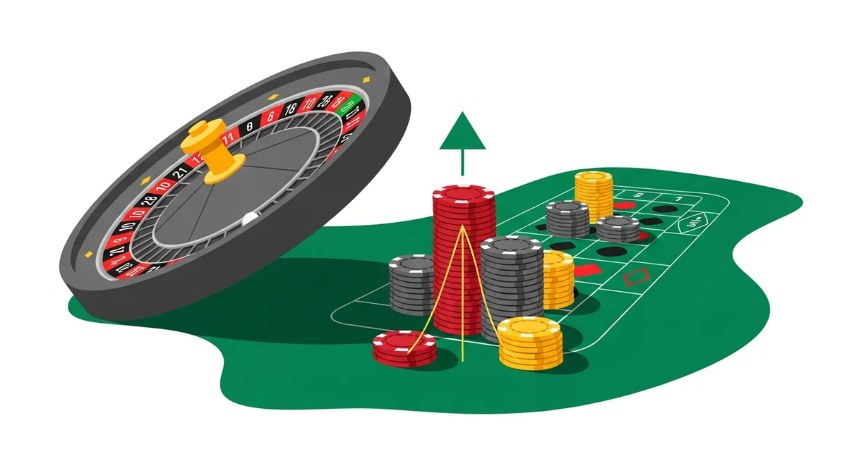 Flat vector illustration of a roulette wheel and betting felt with increasing stacks of casino chips, symbolizing progressive betting strategies.
