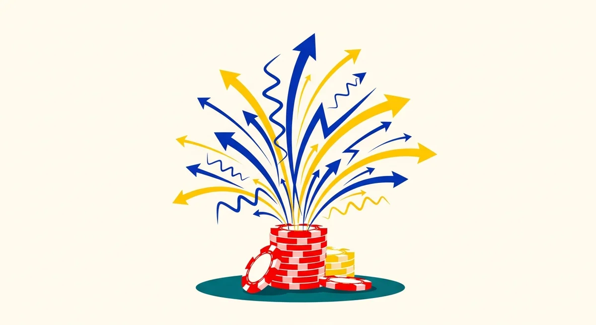 A stack of casino chips on an abstract table with wavy lines and arrows indicating the flow and fluctuation of capital.