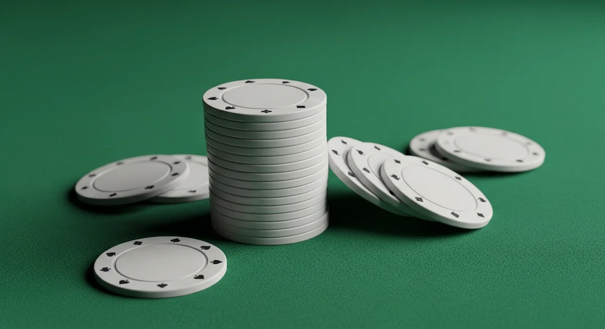 A stack of plain casino chips with a few chips askew and fallen from the stack onto a deep green baize surface.