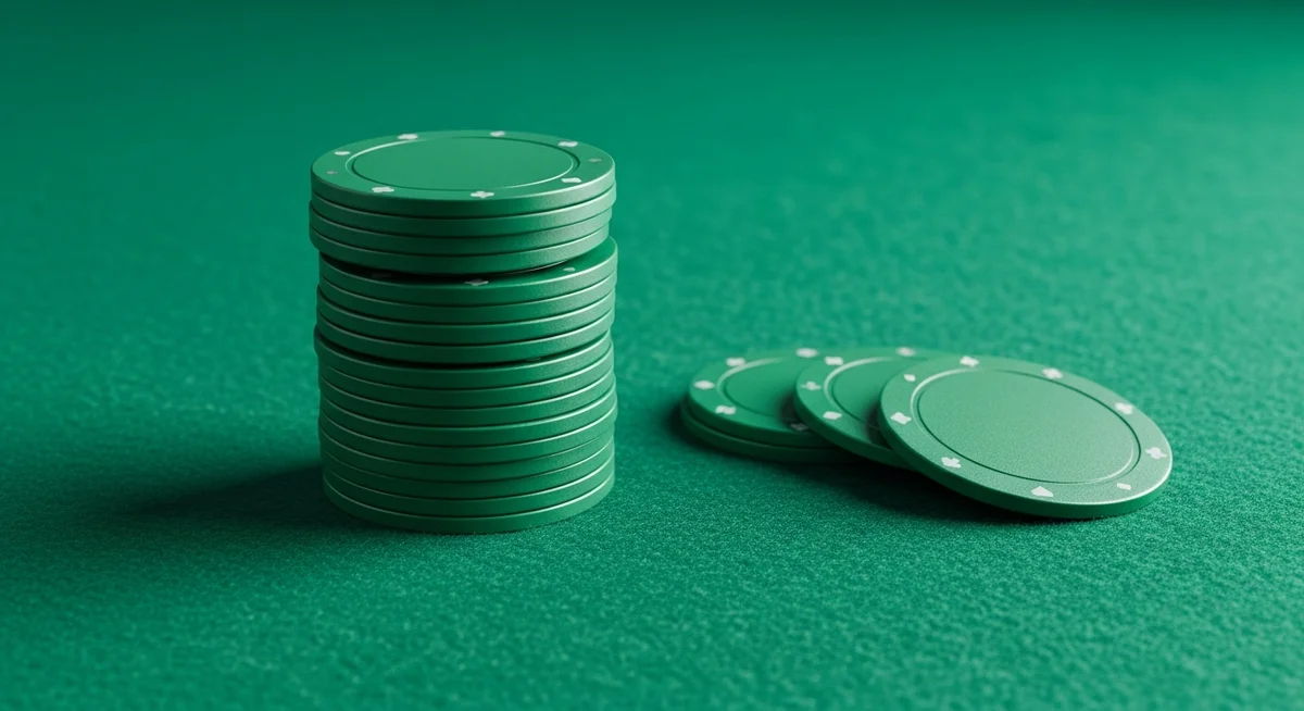 A stack of plain casino chips next to a smaller, separate pile of a few chips on a deep green baize surface.