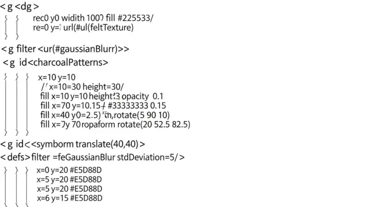 Text containing SVG-like code snippets arranged in nested groups and lists against a plain white background