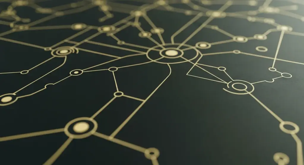 Gold network of interconnected lines and circles against a dark background