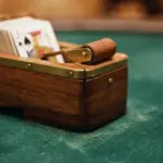 A wooden blackjack shoe containing a deck of playing cards sits on a green felt casino table