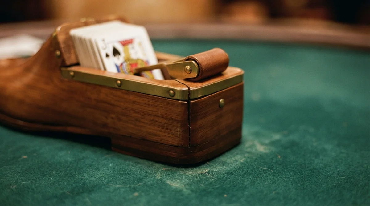 A wooden blackjack shoe containing a deck of playing cards sits on a green felt casino table