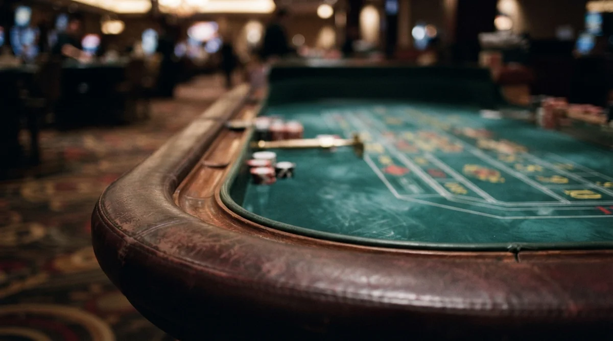 A green felt craps table with scattered casino chips sits inside a dimly lit casino floor