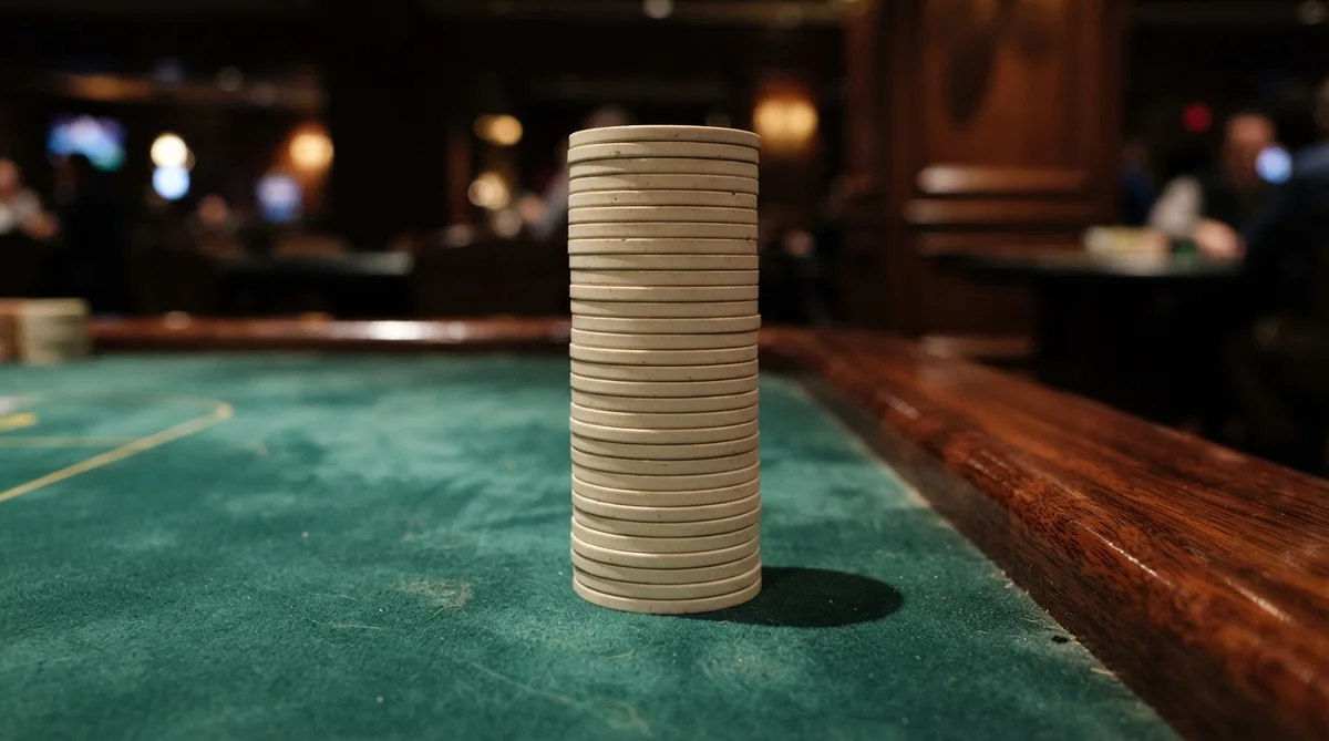 A tall stack of white poker chips sitting on a green felt table inside a casino