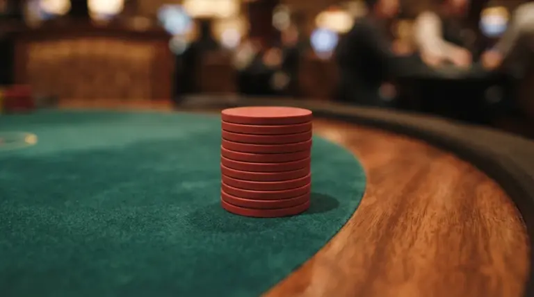 A stack of red poker chips sitting on a green felt table in a casino