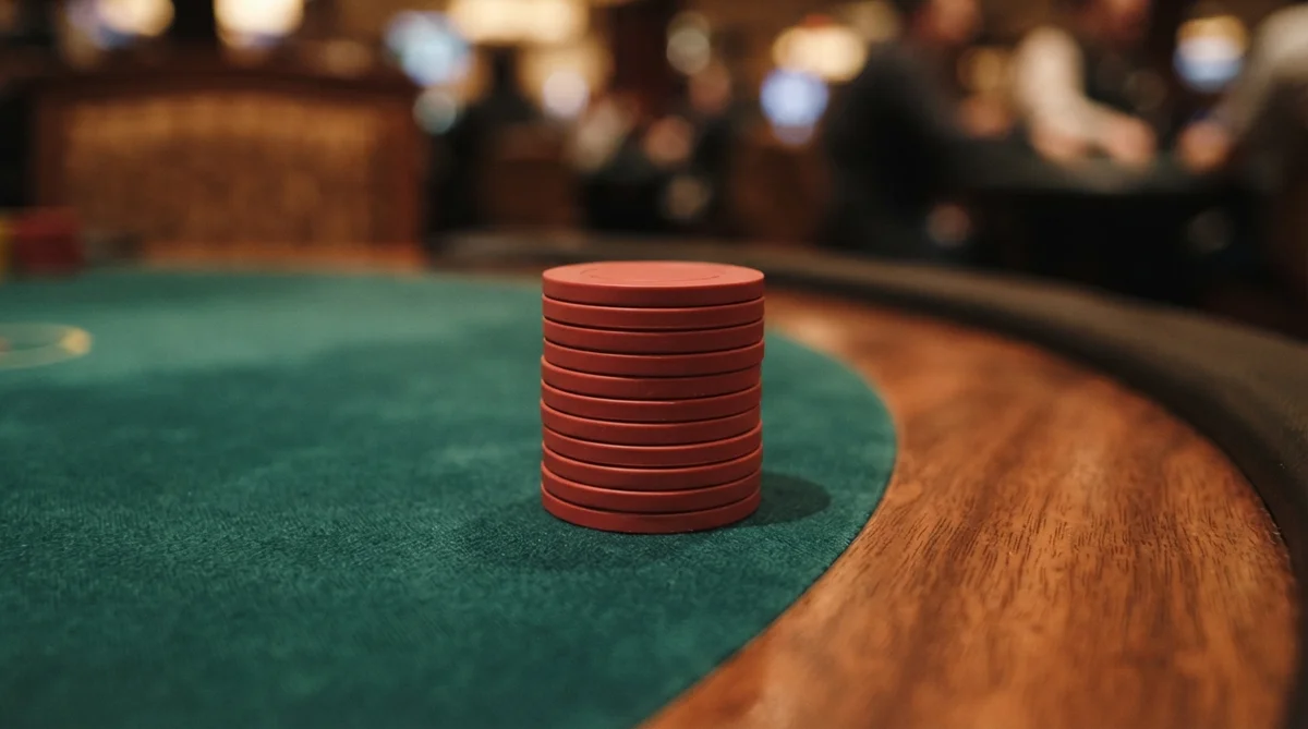 A stack of red poker chips sitting on a green felt table in a casino