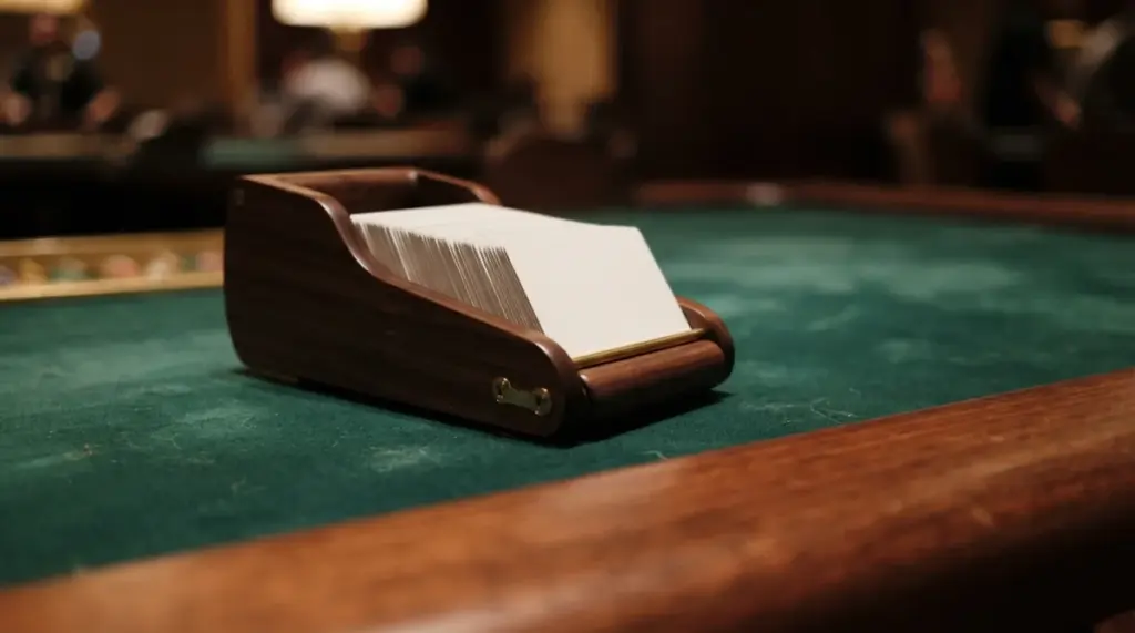 A wooden card dealing shoe sits on a green felt poker table surface
