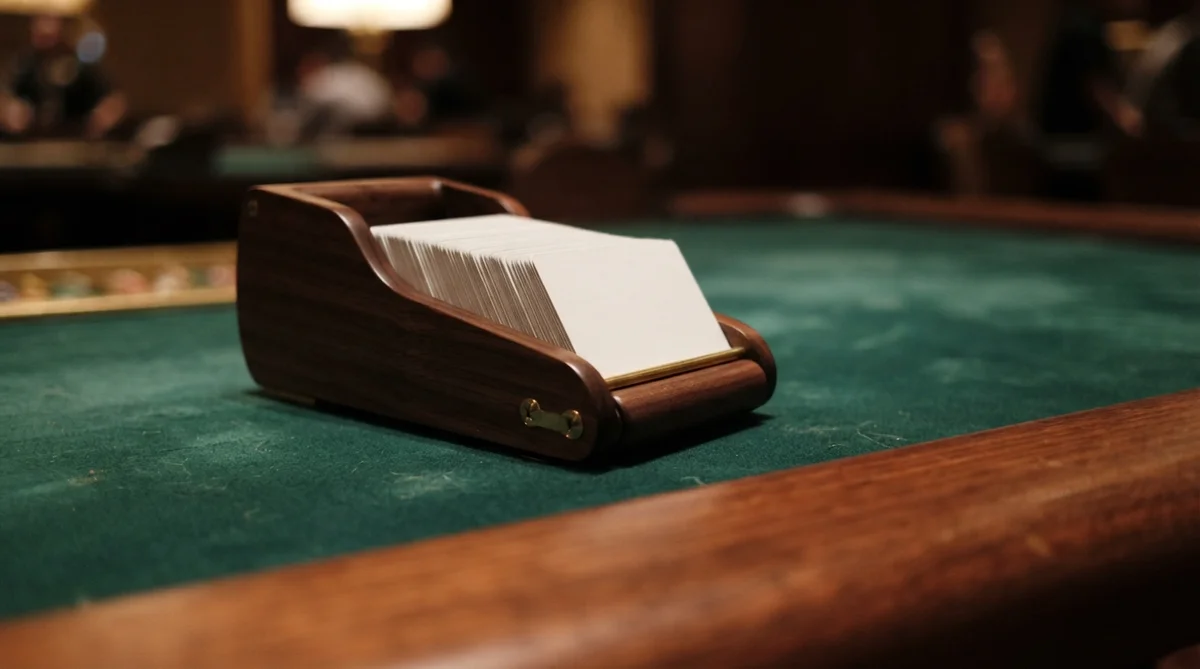 A wooden card dealing shoe sits on a green felt poker table surface