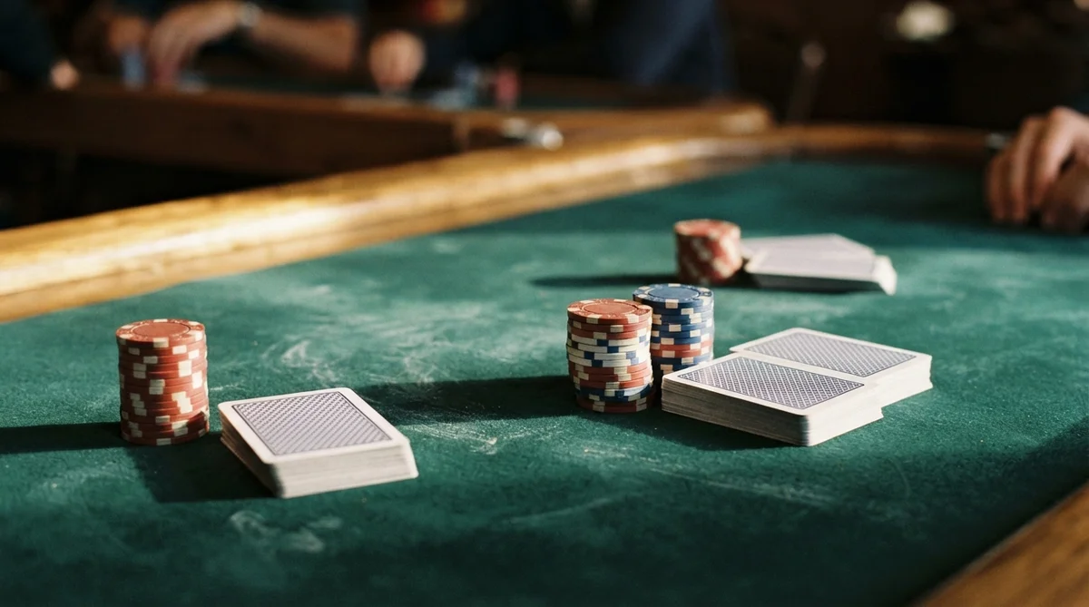 Stacks of poker chips and decks of playing cards sit on a green felt casino table surface