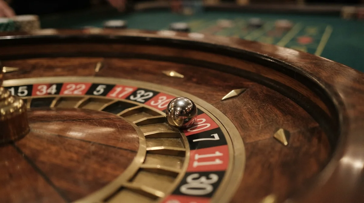 A metal ball resting on the spinning wheel of a roulette table in a casino