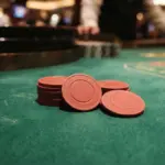Several plain, identical casino chips strategically grouped on the rich green baize of a roulette table