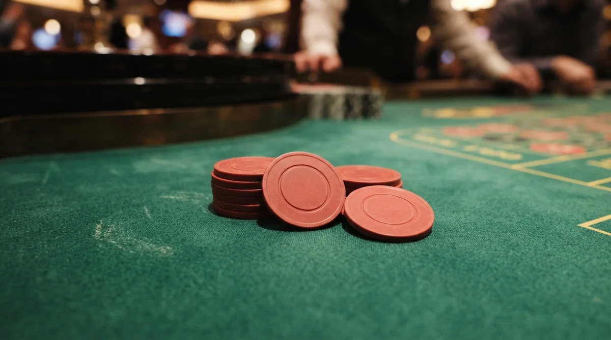 Several plain, identical casino chips strategically grouped on the rich green baize of a roulette table