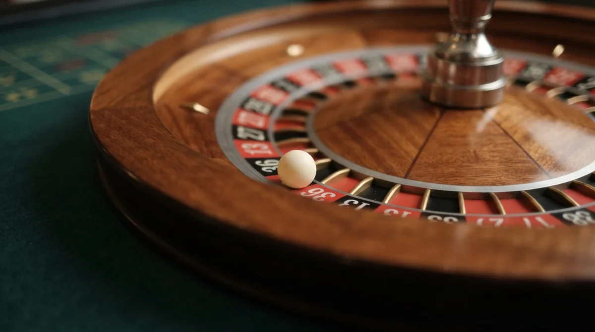 Roulette wheel with a small white ball resting in the number 36 slot on a green gaming table