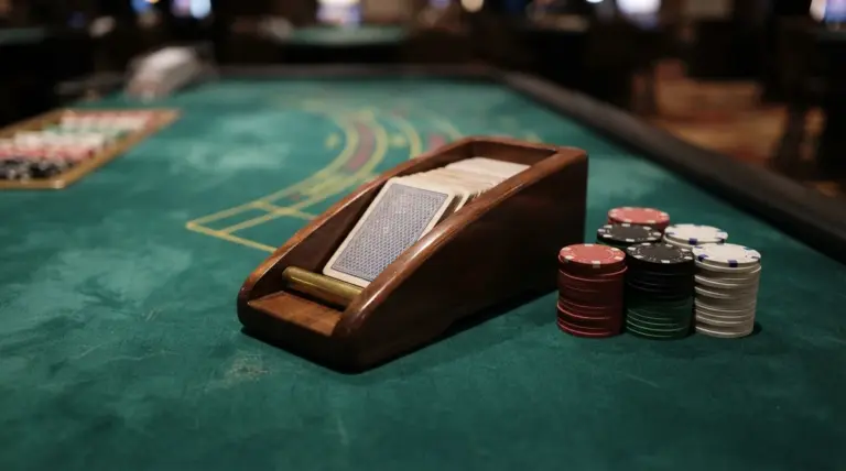 A close-up, eye-level photograph of a polished wooden card shoe resting squarely on deep green baccarat baize