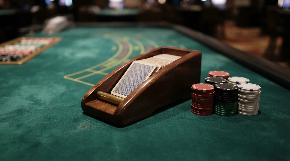 A close-up, eye-level photograph of a polished wooden card shoe resting squarely on deep green baccarat baize