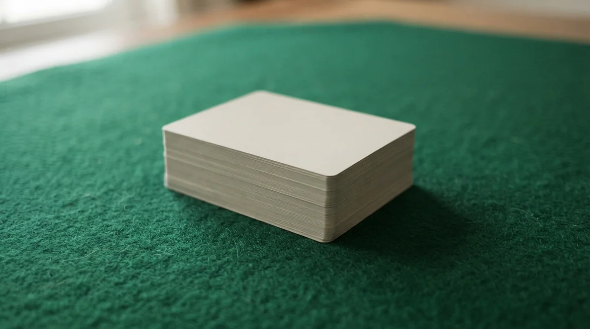 A perfectly squared, face-down deck of cards on green felt.