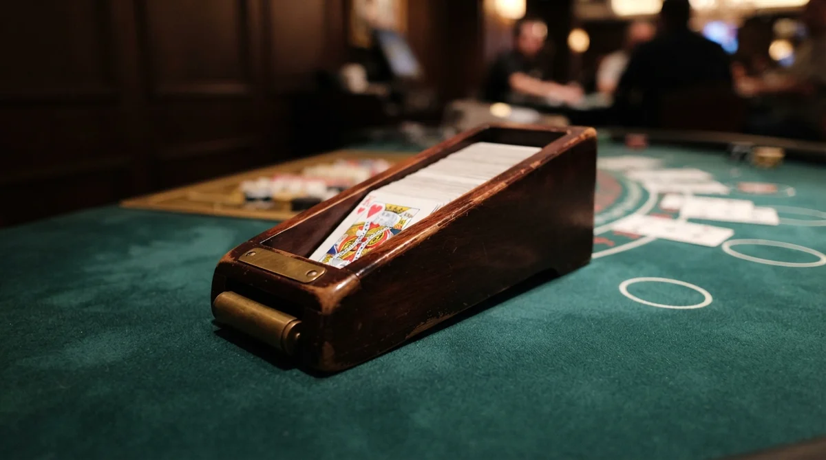 A wooden blackjack dealing shoe holding a deck of cards on a green casino table
