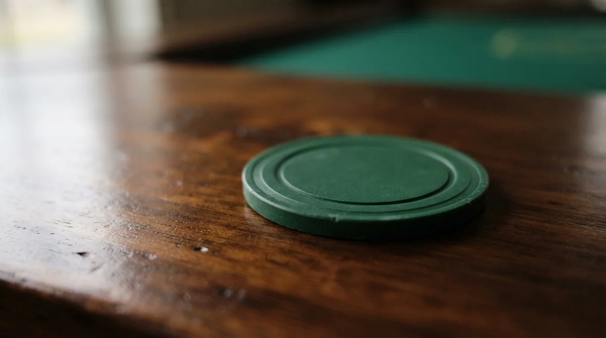 A single, plain deep green casino chip resting perfectly flat on a rich, polished warm wood surface