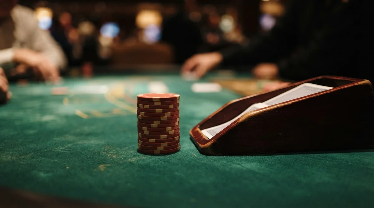 A stack of red and yellow poker chips sits next to a card shoe on a green felt table