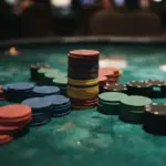 Piles of multi-colored casino chips sit on a green felt table surface