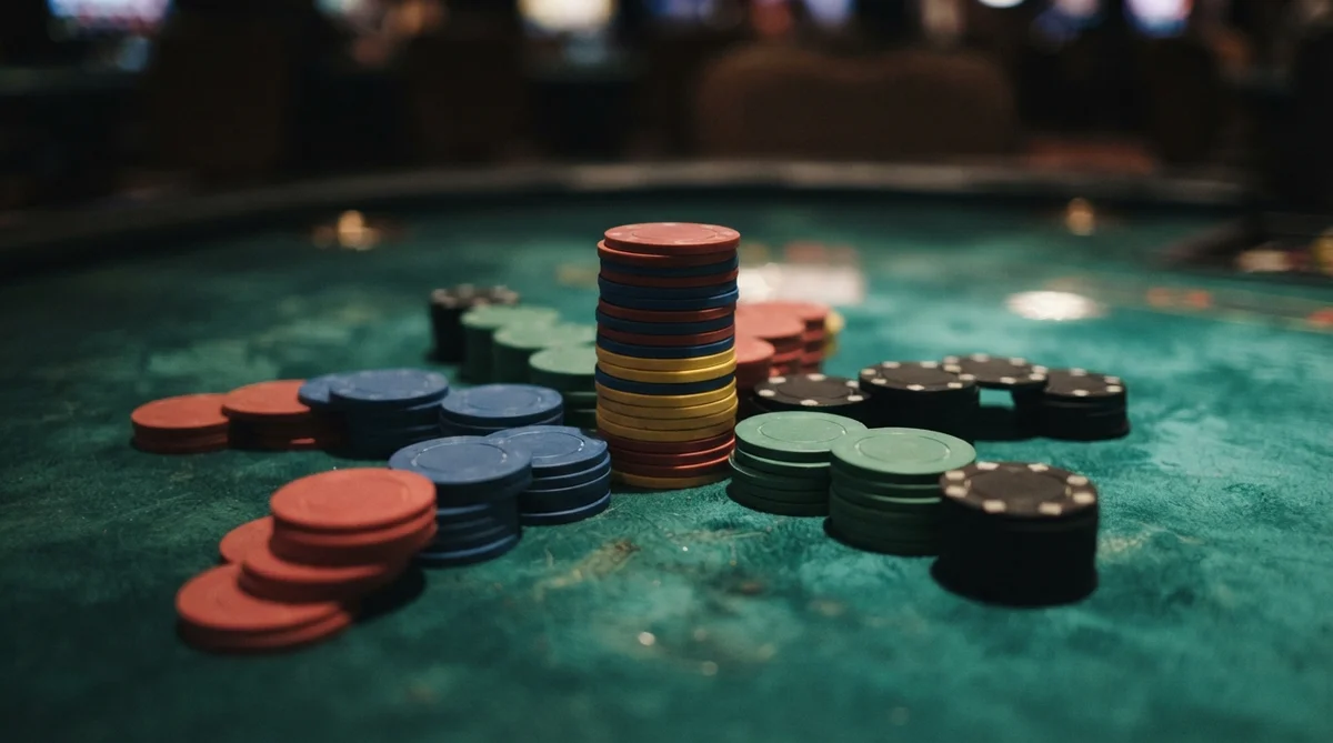 Piles of multi-colored casino chips sit on a green felt table surface
