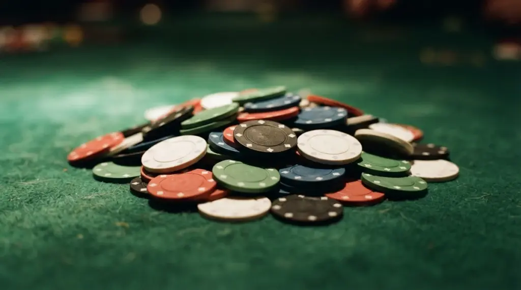 A large pile of multicolored poker chips resting on a green felt surface