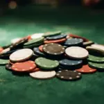 A large pile of multicolored poker chips resting on a green felt surface