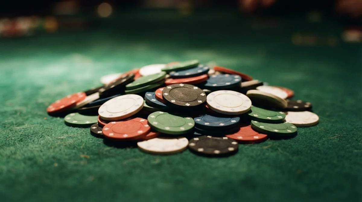 A large pile of multicolored poker chips resting on a green felt surface