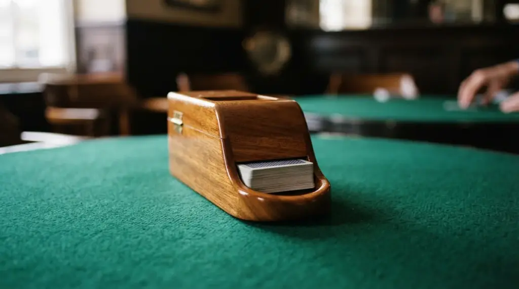 A polished wooden card shoe sits squarely on a deep green baize table