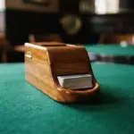 A polished wooden card shoe sits squarely on a deep green baize table